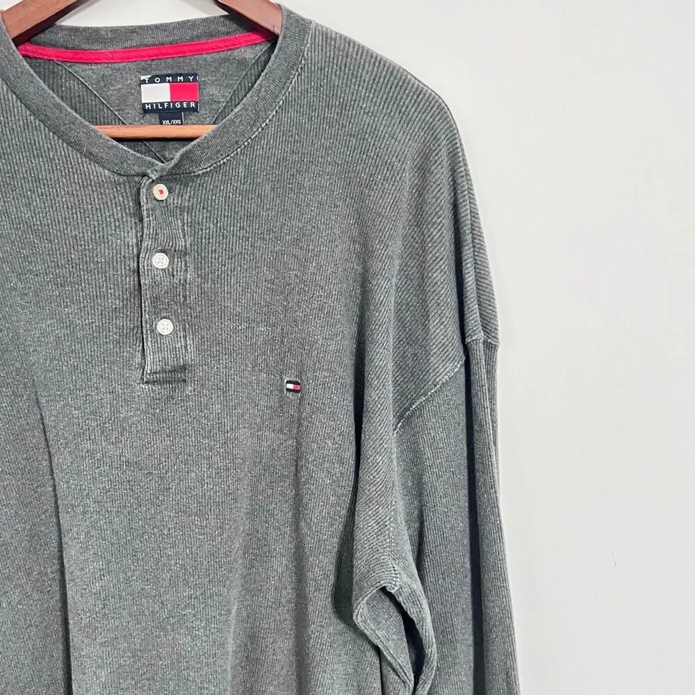 Vintage Tommy Hilfiger Mens Henley Ribbed Sweater Size 2XL Grey Embroidered